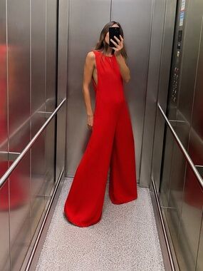 ZARA Red Wide Leg Jumpsuit Sleeveless High Neck Crepe Palazzo  Size M NEW